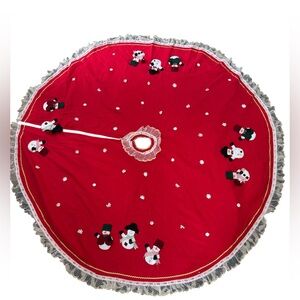VTG Handmade Large 62” Round Tree Skirt Red/White Snowmen Lace & Rick Rack